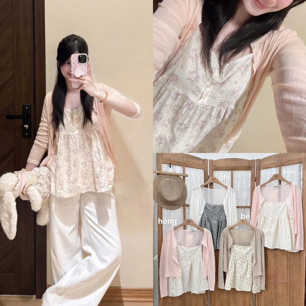 Set Áo 2 Dây Mảnh Hoạ Tiết Hoa Nhí 4 Màu + Áo Khoác Candigan Tay Dài Dáng Ngắn Cúc Cài Thun Giấy Lollaye