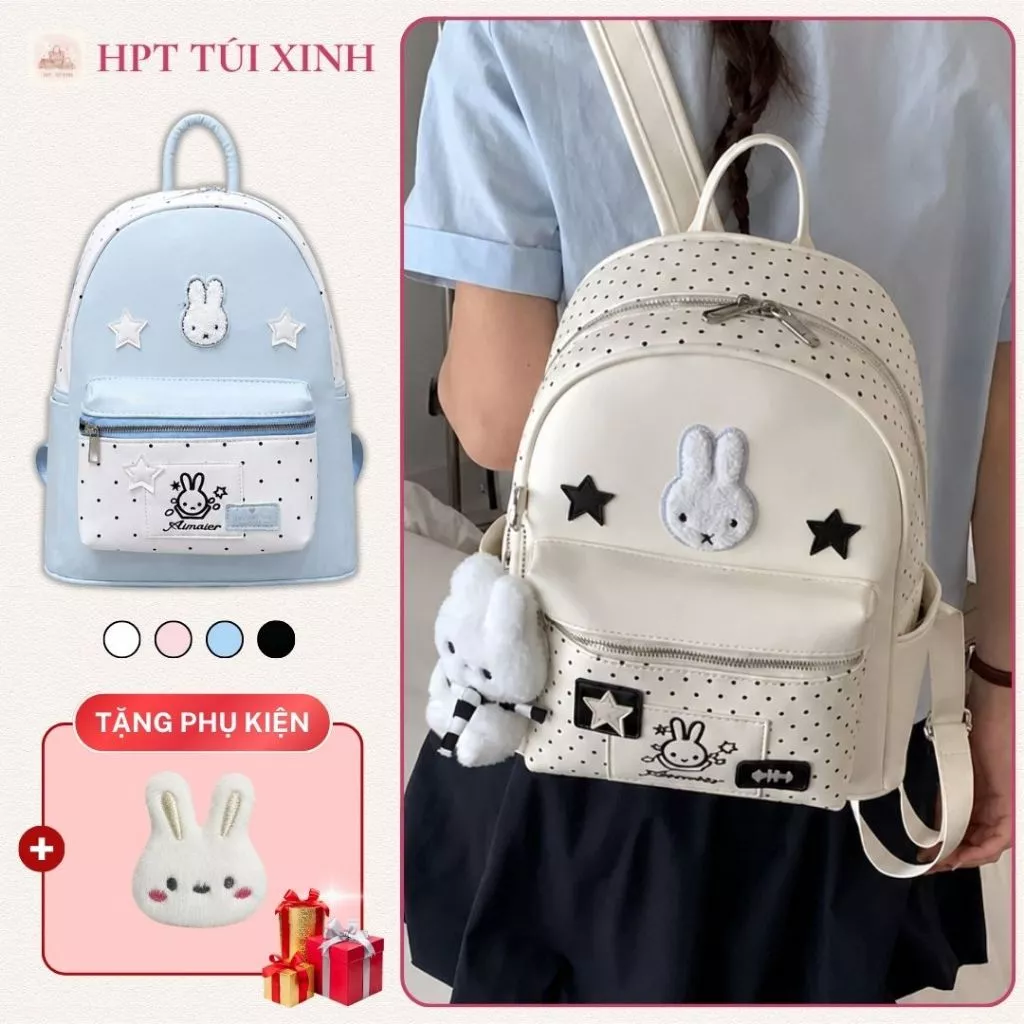 𝐂𝐓𝟎𝟐𝟑 - Balo nữ ba lô màu pastel thỏ chấm bi tặng kèm charm, cặp sách nữ đi học đi chơi da pu chống nước dung tích lớn