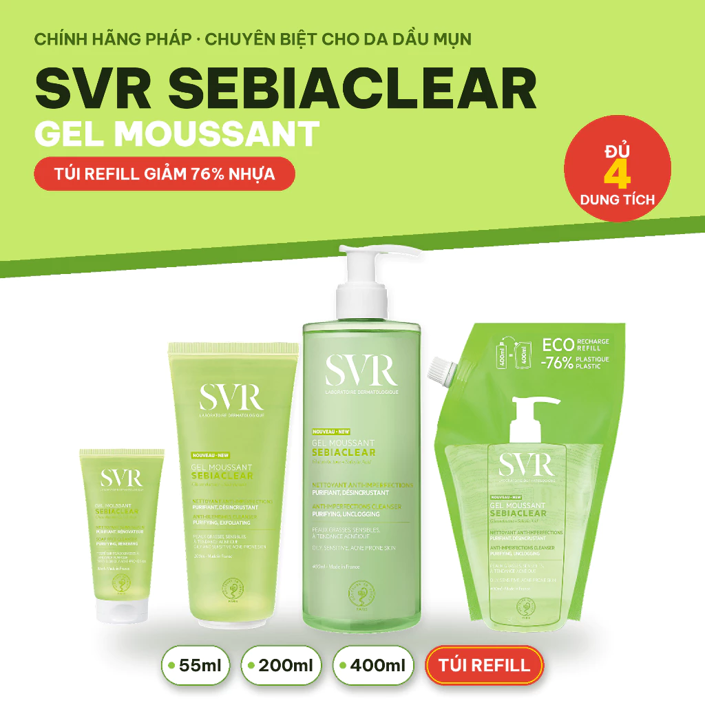 Sữa Rửa Mặt SVR Cho Da Dầu Mụn - SVR Sebiaclear Gel Moussant 55ml-200ml-400ml Loại Bỏ Tế Bào Da Chết SRM- Dr Thêm