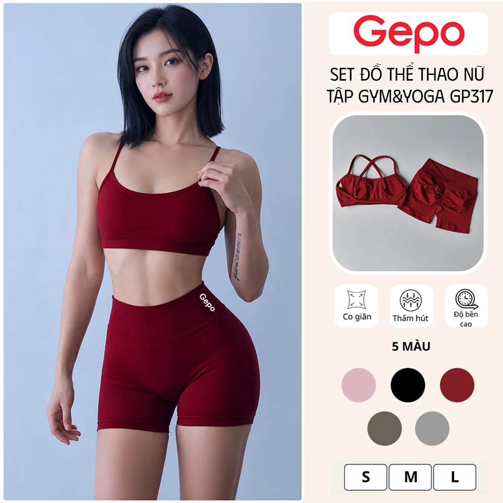 GEPO Bộ Đồ Thể Thao Nữ Áo Bra 2 Dây Kèm Quần Short Lưng Chữ V Tôn Dáng Thấm Hút Mồ Hôi TậpGym GP317