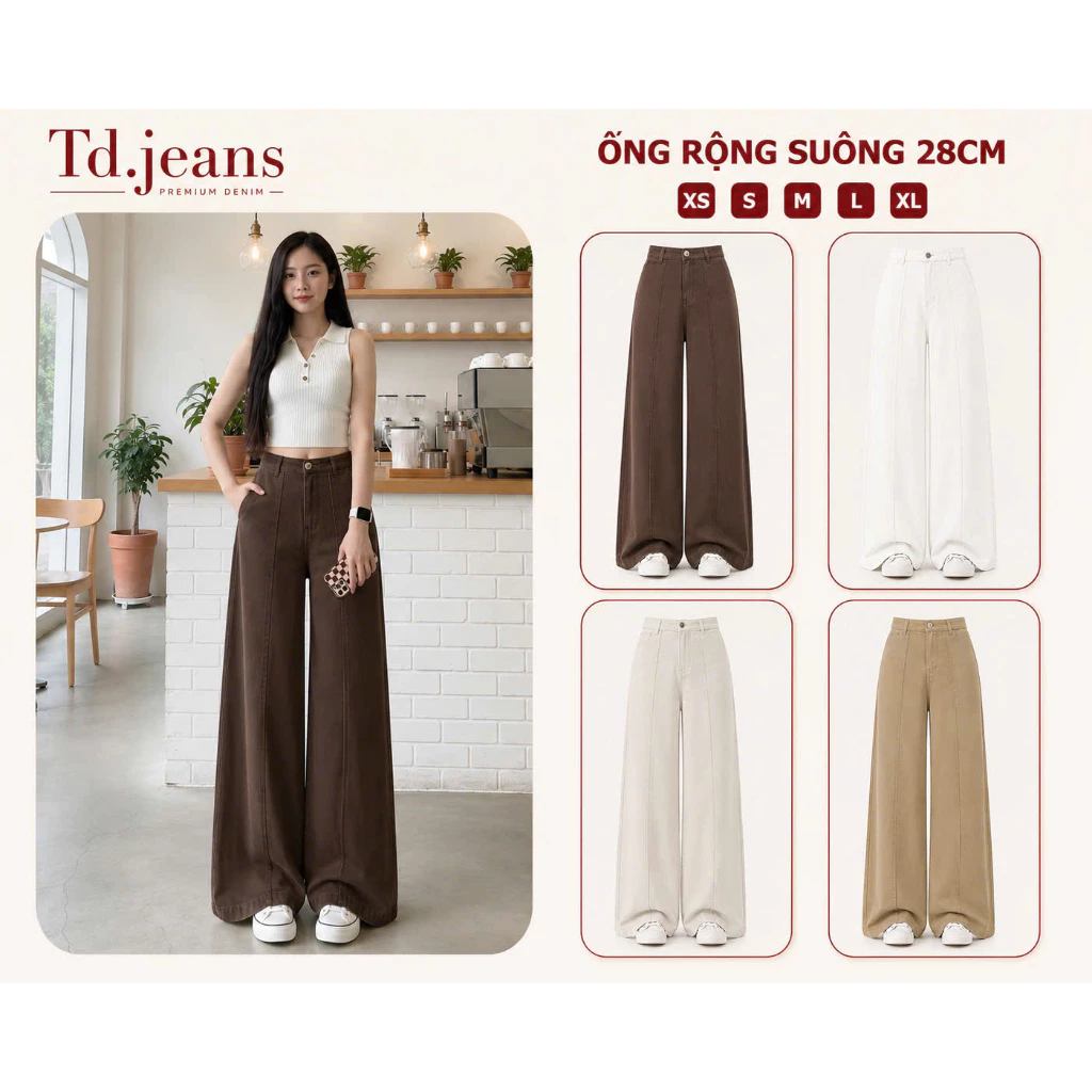 Quần Jean Nữ trơn Cạp Cao Jean Nâu Chocolate ống rộng 28 cm chất Jean Bò Dáng dài Lưng Cao