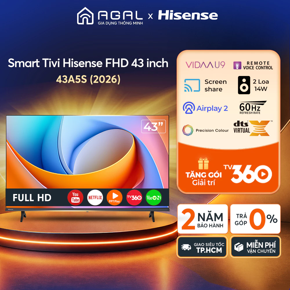 Smart Tivi Hisense Full HD 43 inch 43A5S - Trả góp 0%, Bảo hành 2 năm