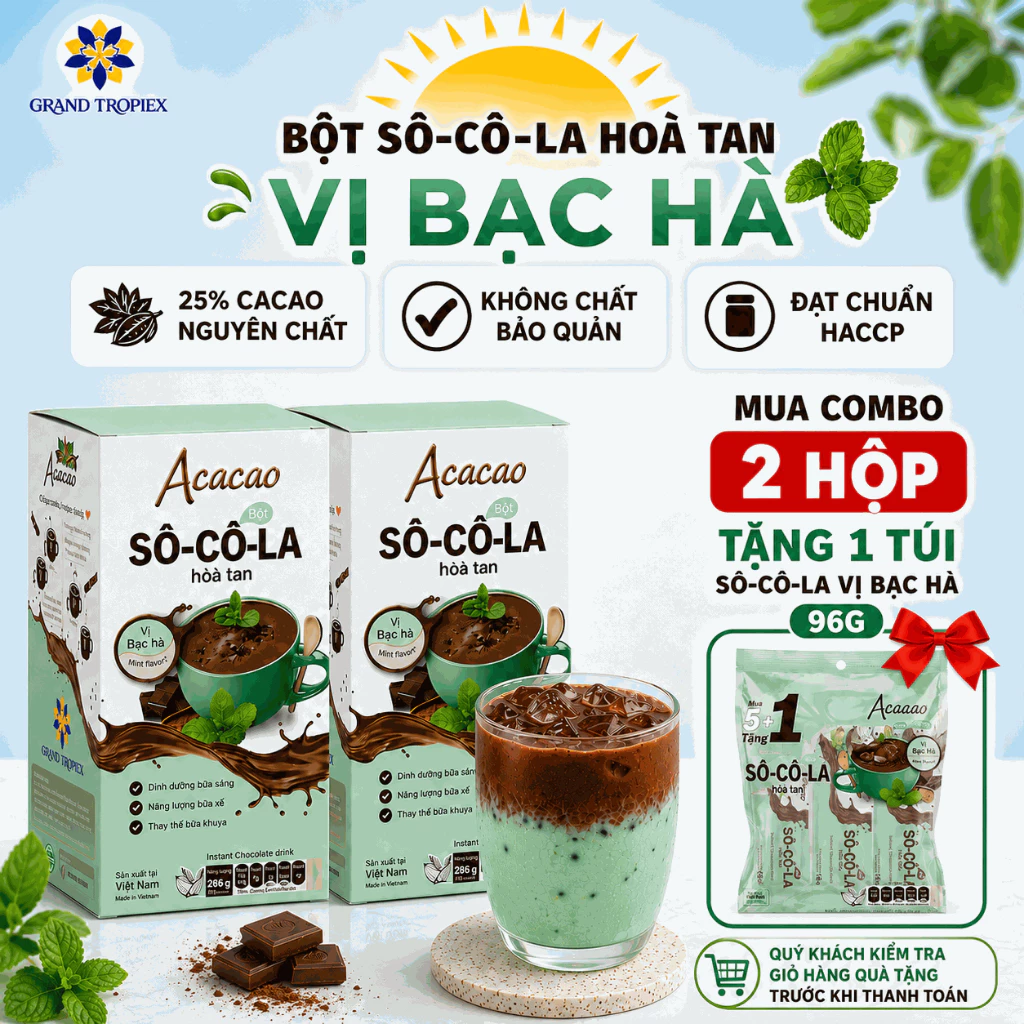 Socola bạc hà uống liền Bột Cacao Nguyên Chất 20% Acacao, Tiện Lợi, Chuẩn HACCP - Hộp 286g