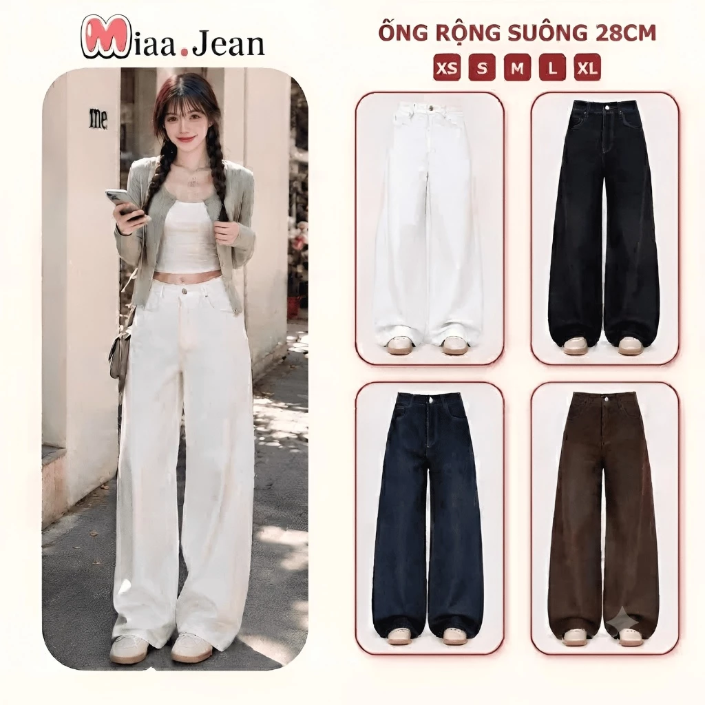 Quần jean bò ống rộng 28-33cm ống to suông  xuông nữ jeans cạp cao phong cách style ms306