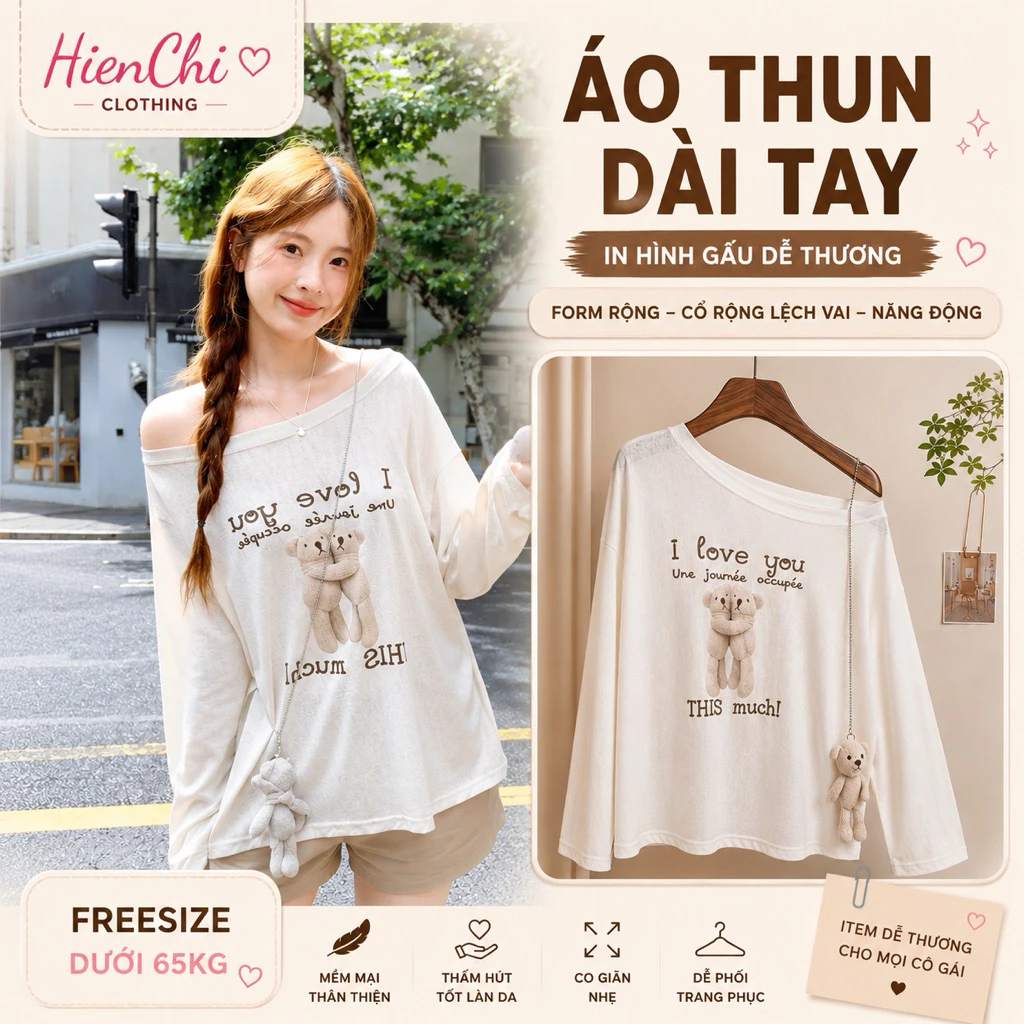 Áo Thun Nữ Dài Tay Form Rộng Lệch Vai In Hình Gấu Dễ Thương, Áo Thun Freesize Mỏng Nhẹ Phong Cách Hàn Quốc