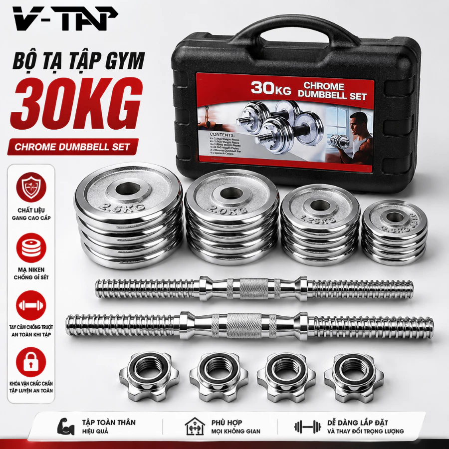 Bộ Tạ Tập Gym Tại Nhà Chất Liệu Gang Mạ Niken, Bộ Tạ 30Kg Điều Chỉnh Đa Năng Tay Cầm Qủa Táo Có Hộp