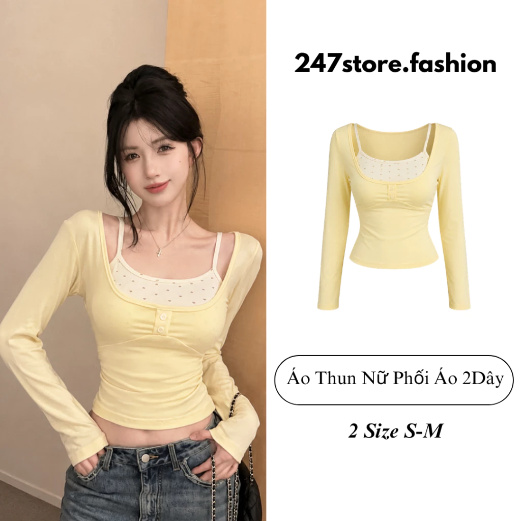 Áo Thun Nữ Tay Dài Cổ Vuông Phối Áo Hai Dây Chấm Bi Form Ôm Co Giãn Mềm Mại Phong Cách Hàn Quốc A55 247store