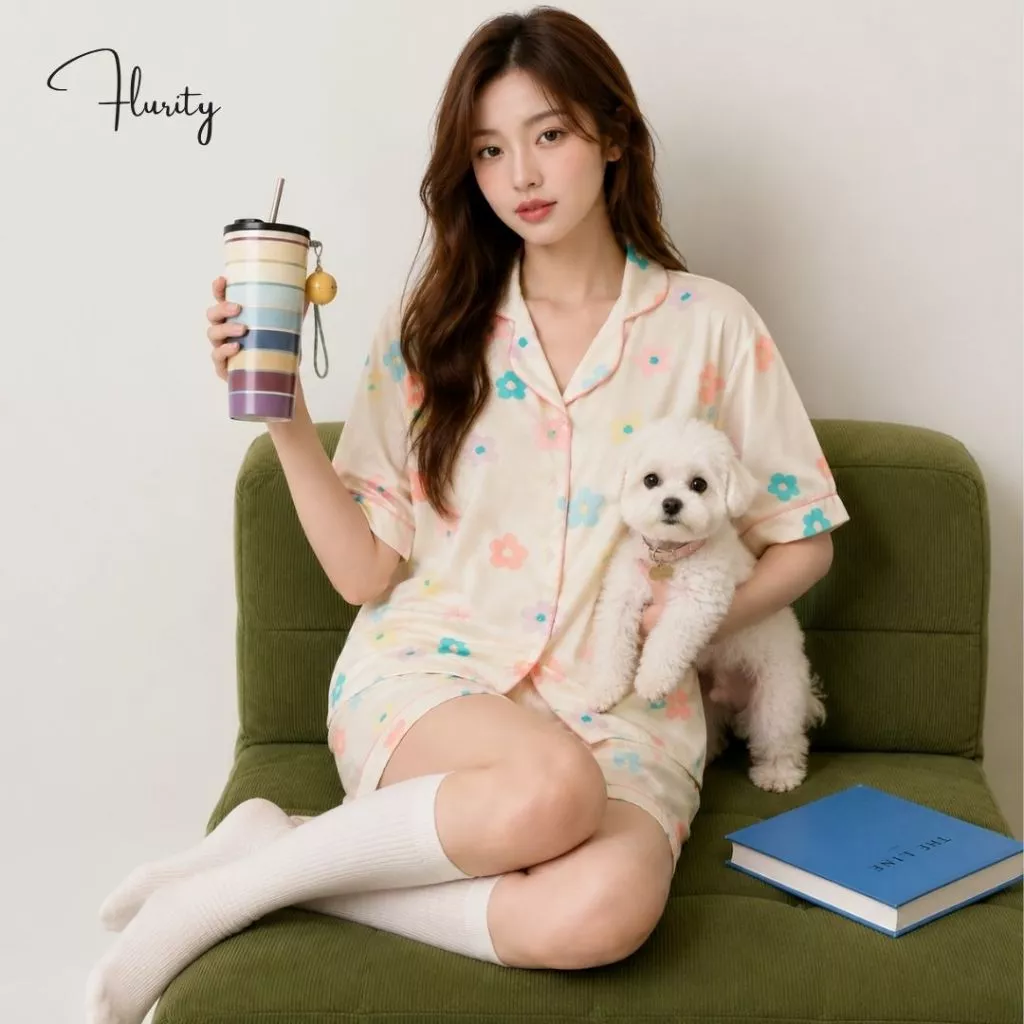 Set Đồ Bộ Ngủ Nữ Pijama Lụa Latin Ngắn Cao Cấp Mềm Mịn Set Floral Bliss Thiết Kế Mặc Nhà FLURITY ĐBN079