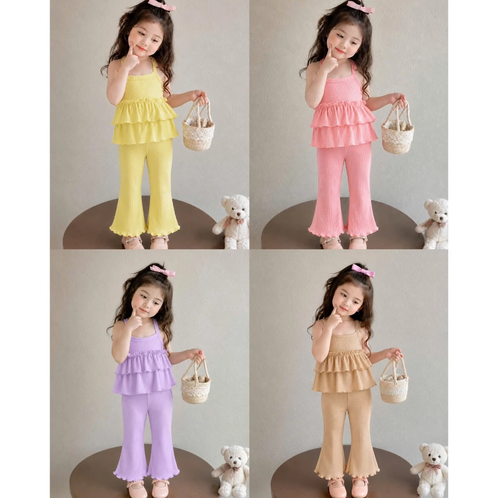 Set Bé Gái Áo Hai Dây Bèo 2 Tầng Phối Quần Loe Vải Gân Cao Cấp Cho Bé Từ 1-6 Tuổi
