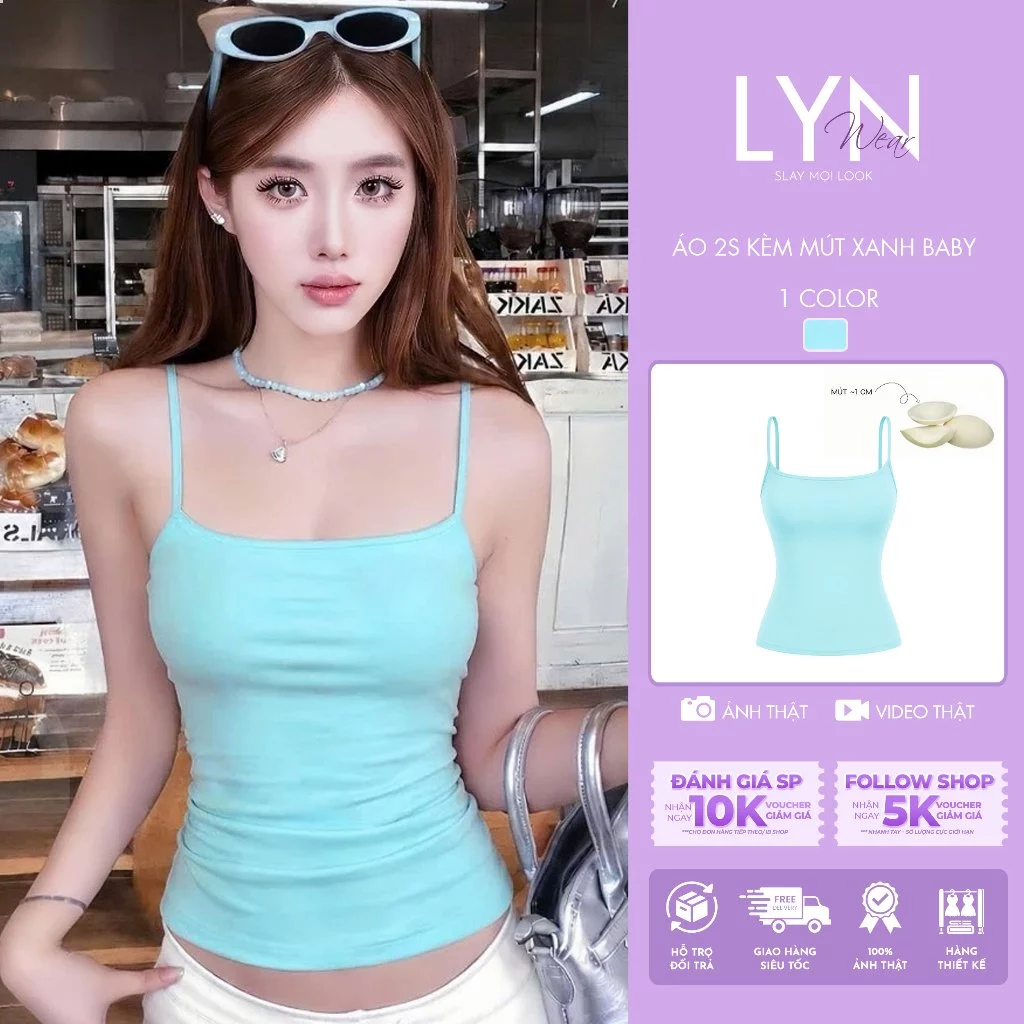 | LYN WEAR | ( KÈM MÚT 1CM) Áo Hai Dây Nữ  Xanh Tiffany Basic Có Mút Thun Cotton Ôm Dáng Co Giãn Hàn Quốc