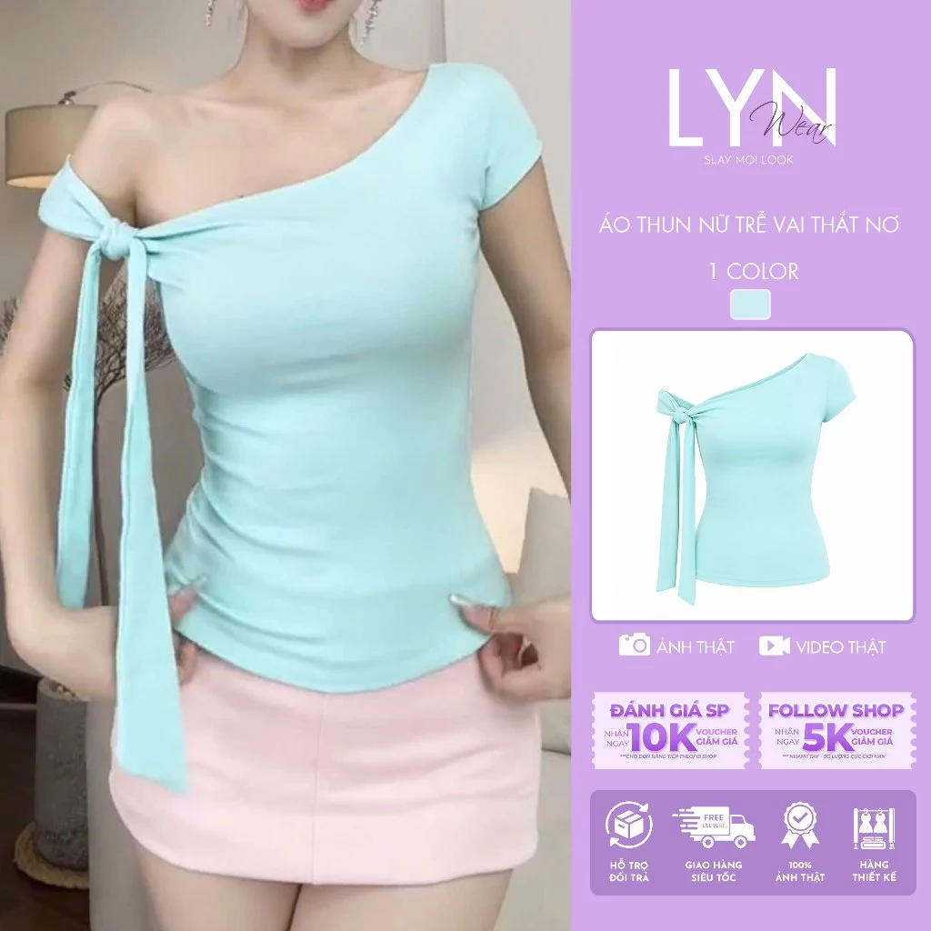 | LYN WEAR | ( HOẢ TỐC)Áo Thun Nữ Trễ Vai Thắt Nơ Tay Ôm Body Cotton Mịn Hàn Quốc