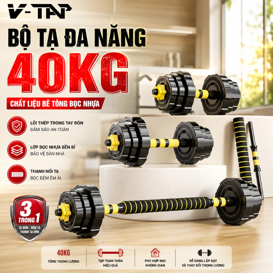 Bộ Tạ Tập Gym Tại Nhà Đa Năng, Bộ Tạ Tay 40KG,30KG,20KG Chất Liệu Bê Tông Bọc Nhựa