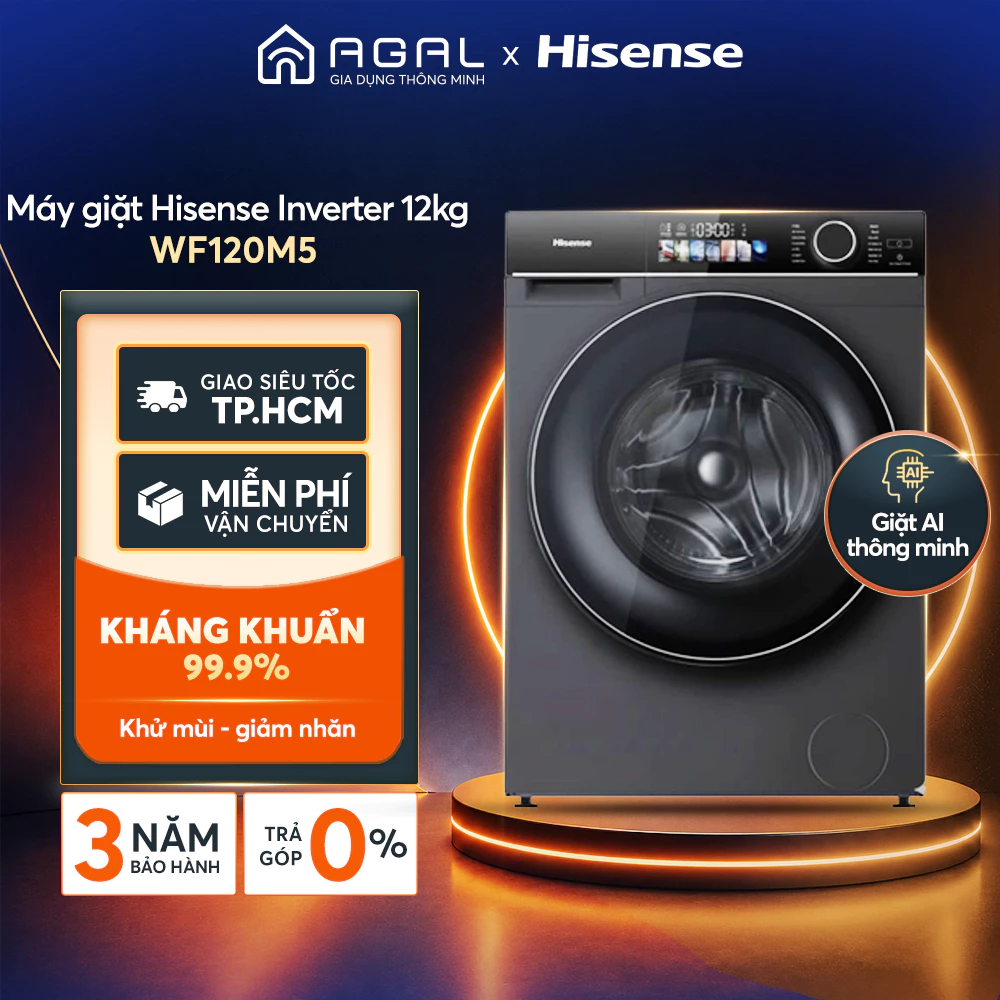 Máy giặt Hisense Inverter 12kg WF120M5 Giặt AI thông minh - Trả góp 0%, Bảo hành 3 năm