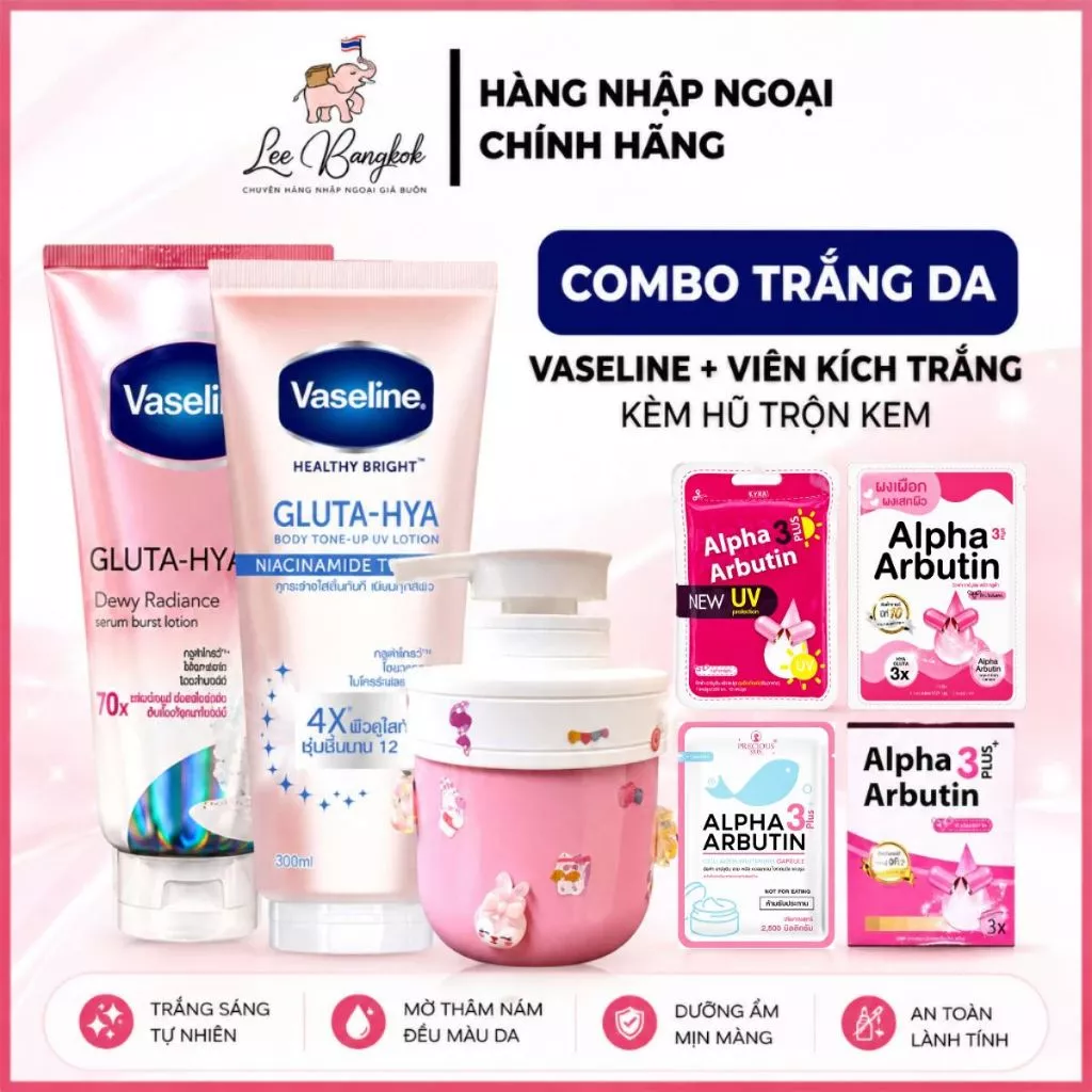 [Made in Thailand] Combo Mix Trắng Da Vaseline 4X Hoặc 70X Hồng + Viên Bột Kích Trắng + Hũ Trộn Kem Không Bào Mòn Da