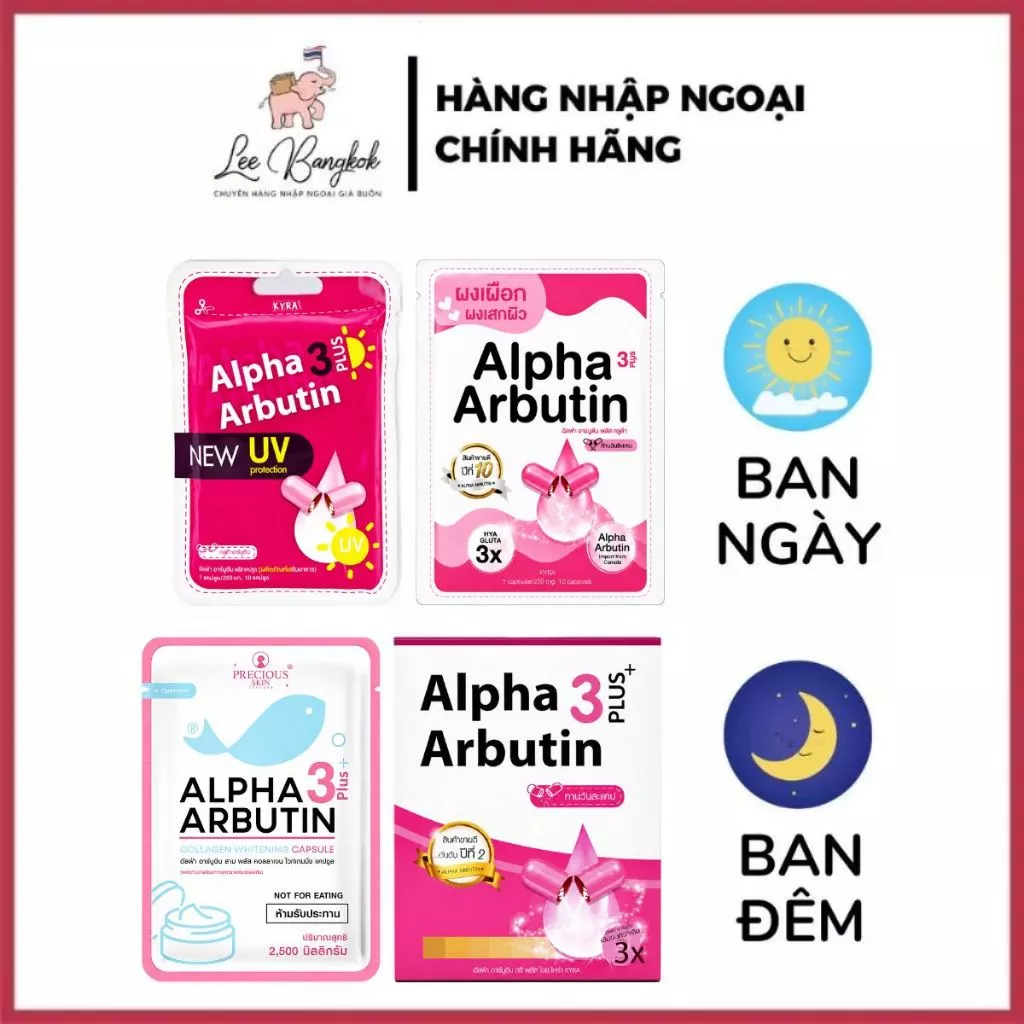[NỘI ĐỊA THÁI] Vỉ 10 Viên Bột Kích Trắng Kyra Alpha Arbutin 3 Plus Đêm, Ngày Giúp Da Trắng Mịn Chính Hãng - LEEBANGKOK
