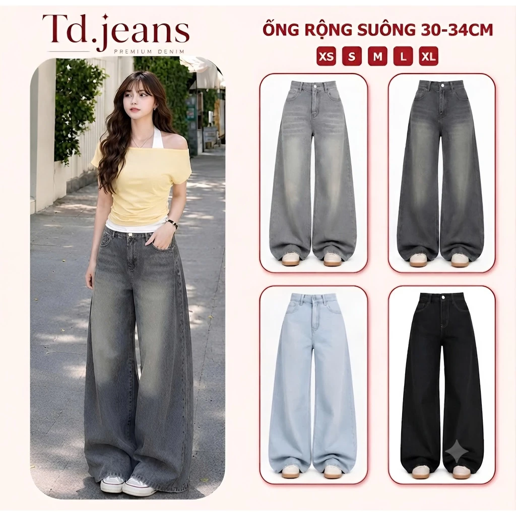 Quần Jean Nữ ống rộng 33cm Lưng cao dáng suông rộng phong cách RETRO Hàn Quốc BIGSIZE