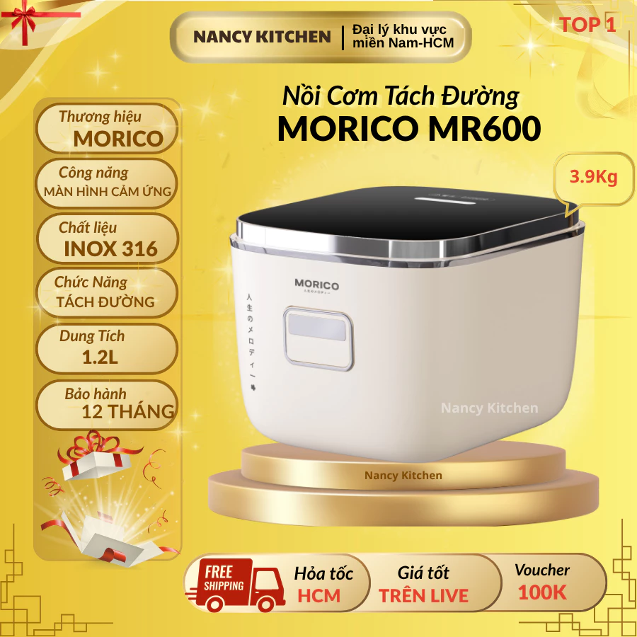 [Chính Hãng] Nồi Cơm Điện Tử MORICO MR600 Dung Tích 1.2L Công Nghệ Hấp Thủy Nhiệt Lòng Nồi Inox 316