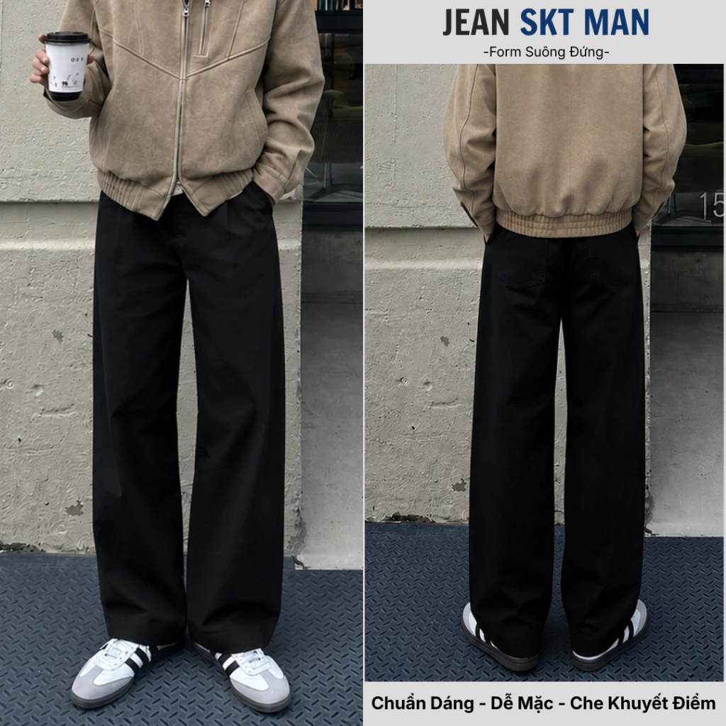 Quần Jean Nam Dáng Suông Rộng,Màu Đen Basic ,Chất Vải Demin Premium Dầy Dặn, Quần Bò Nam- JeanSKT