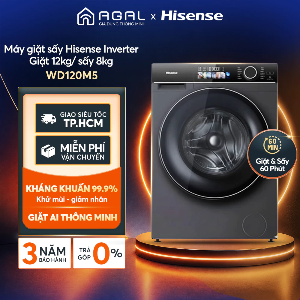 Máy giặt sấy Hisense Inverter 12kg/8kg WD120M5 Giặt Sấy 60 phút - Trả góp 0%, Bảo hành 3 năm