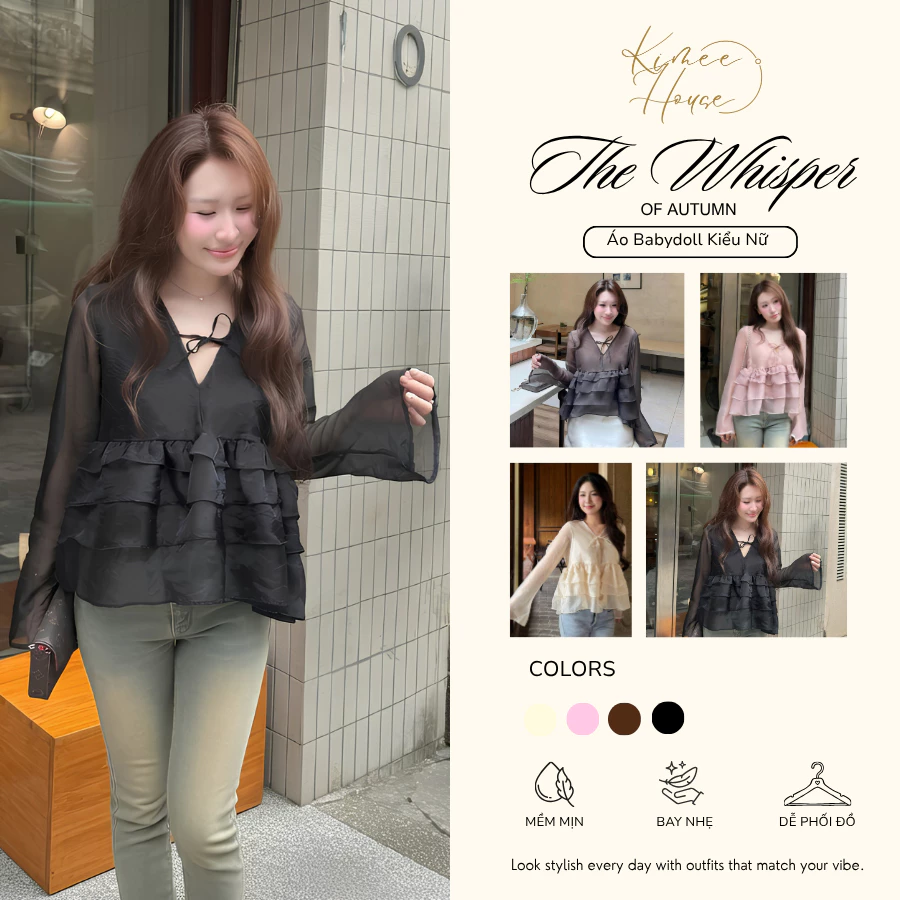 Áo Babydoll Kiểu Nữ Tay Dài Dáng Ngắn Xếp Tầng Cổ V Mix Dây Nơ Nữ Tính  Kimee - KA896