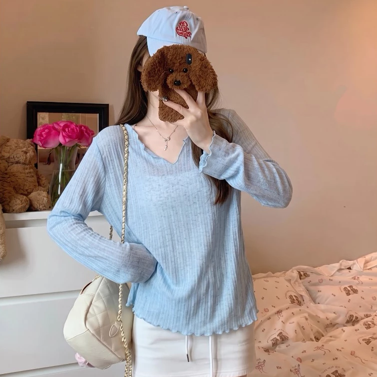 Áo len dệt kim mỏng dài tay nữ viền bèo nhún phong cách ulzzang 24Feb.studio A0015