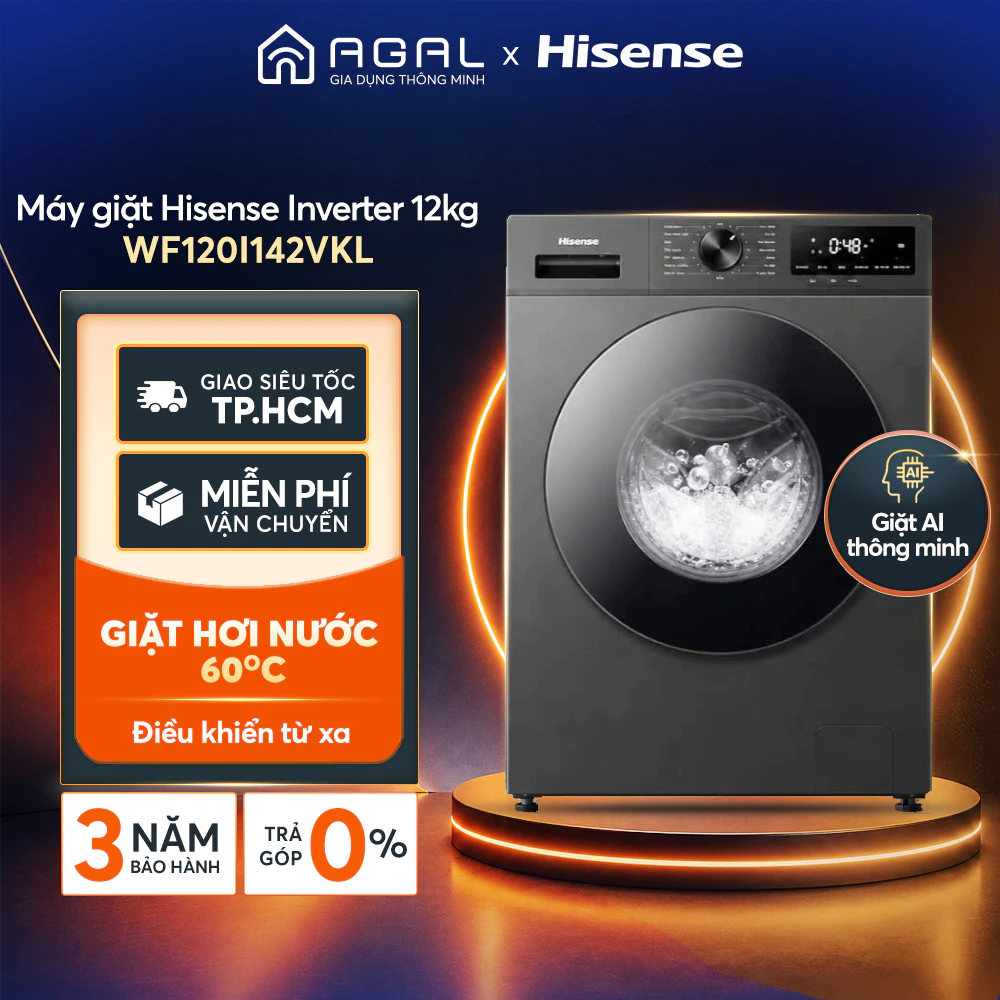 Máy giặt Hisense Inverter 12kg WF120I142VKL Giặt hơi nước | Giặt AI - Trả góp 0%, Bảo hành 3 năm