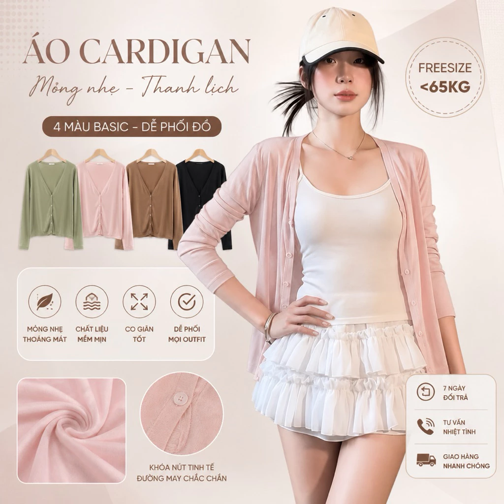 Áo Cardigan Mỏng Chống Nắng Tay Dài Phối Cúc Thoáng Khí, Áo Khoác Cardigan Trơn