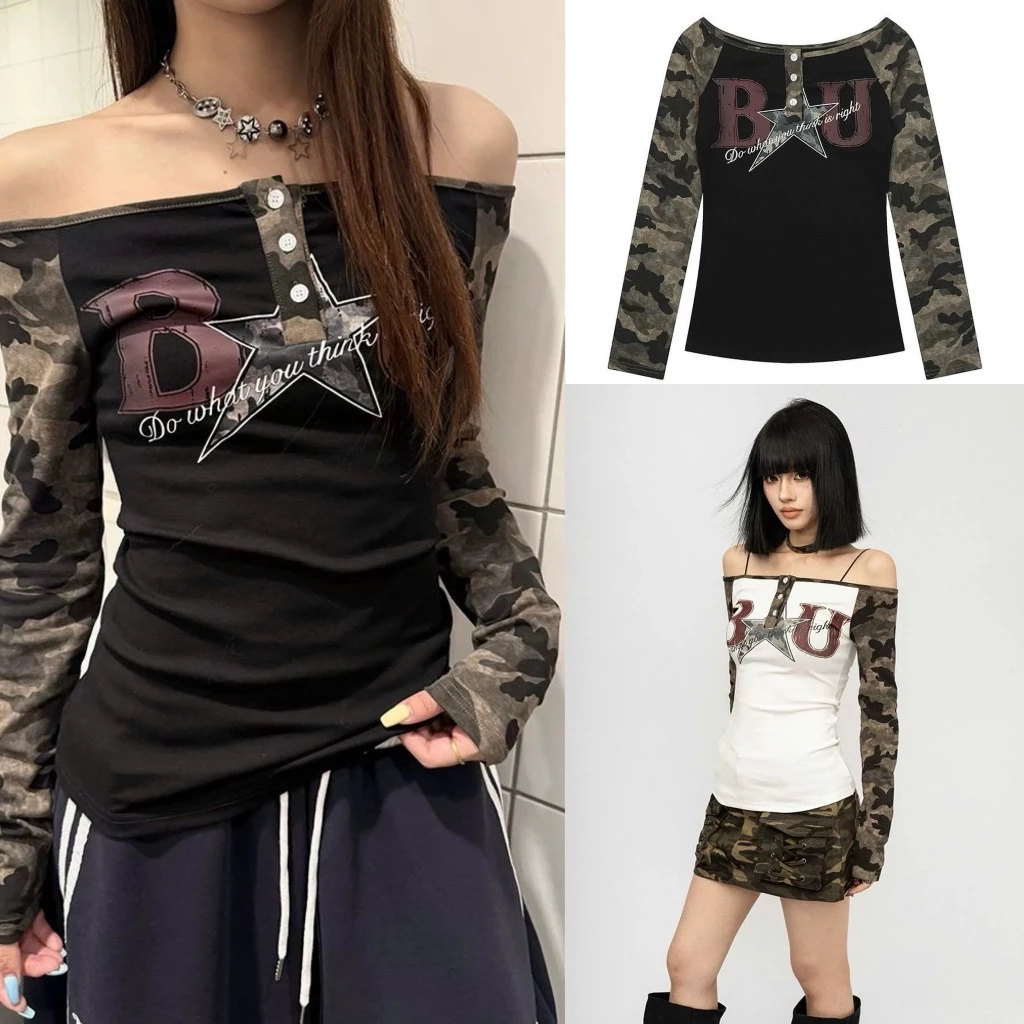Áo trễ vai chữ BU phối khuy cài và tay họa tiết camo - TikTik