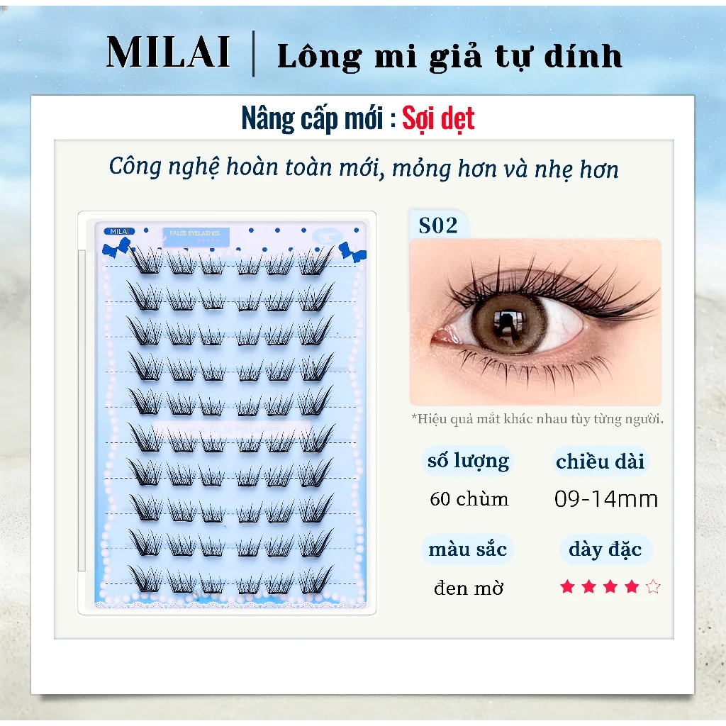 Mi trên giả MILAI S02 sợi dẹt 60 chùm dài 9-14mm đen mờ tự dính trang điểm mắt tự nhiên chụp ảnh