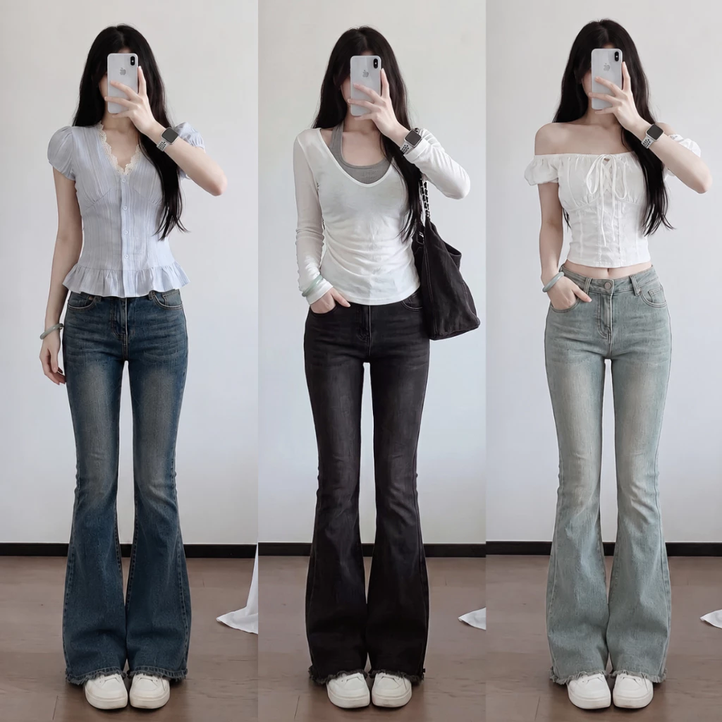 Quần Jean Ống loe nữ MIAA Cạp cao vải rin bò màu bụi xanh nhạt phủ dơ bigsize co giãn 4 chiều