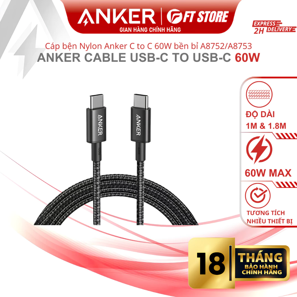 Cáp sạc nhanh Anker 60W C to C A8752/A8753 0.9m/1.8m bện nylon bền bỉ, truyền dữ liệu tốc độ cao