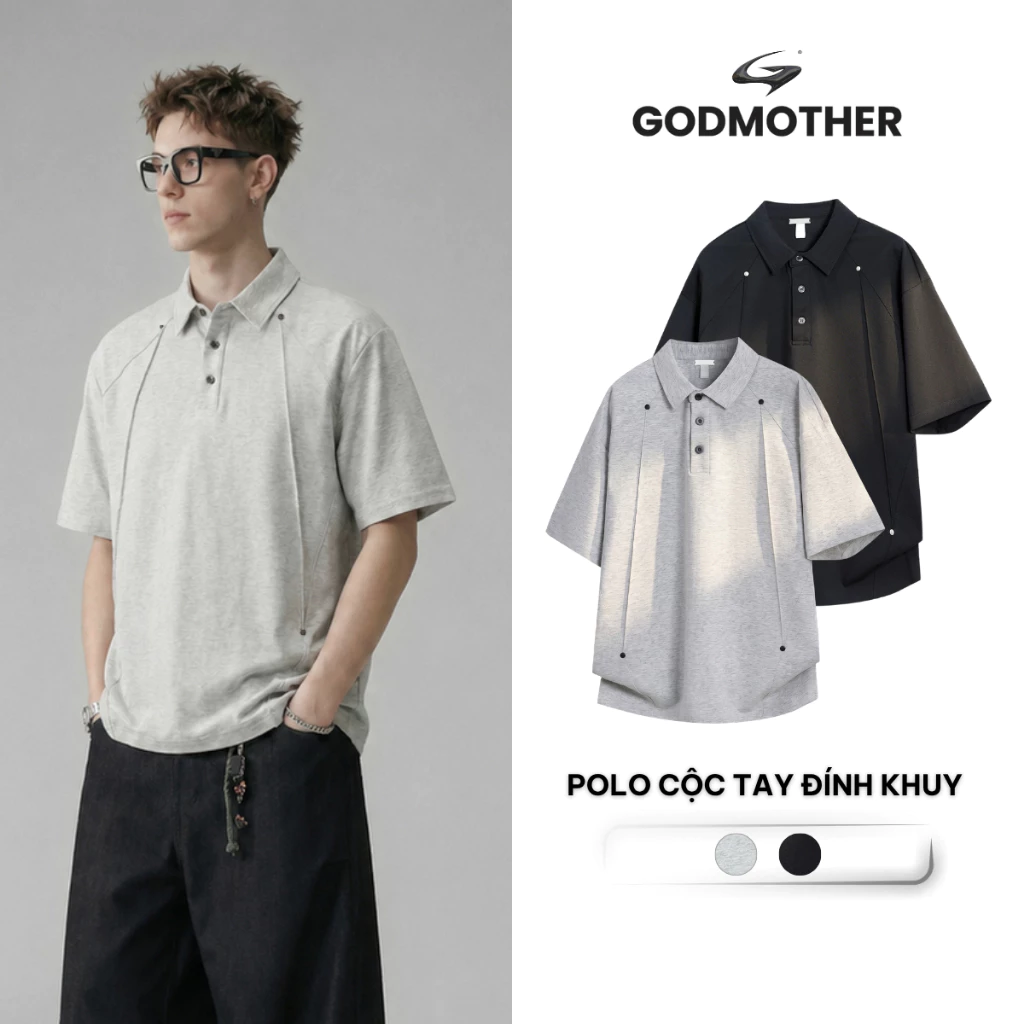 Áo Polo Cộc Tay Đính Khuy GODMOTHER 2026 Áo Phối Khuy Kim Loại Trẻ Trung Phong Cách