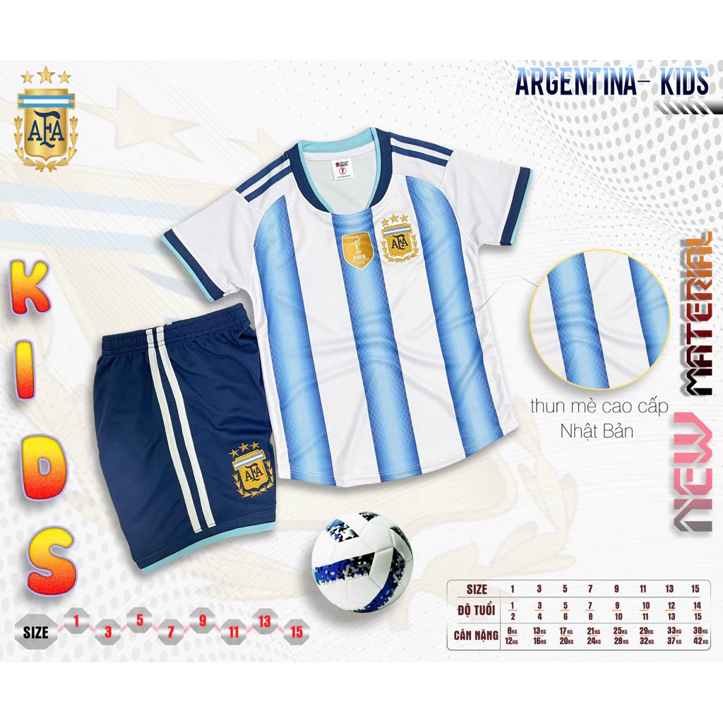 Bộ Quần Áo Đá Banh Ảgentina Trẻ Em (Nhận In Tên Số) Thun Mè Cao Cấp Logo Thêu Kids Top Sport