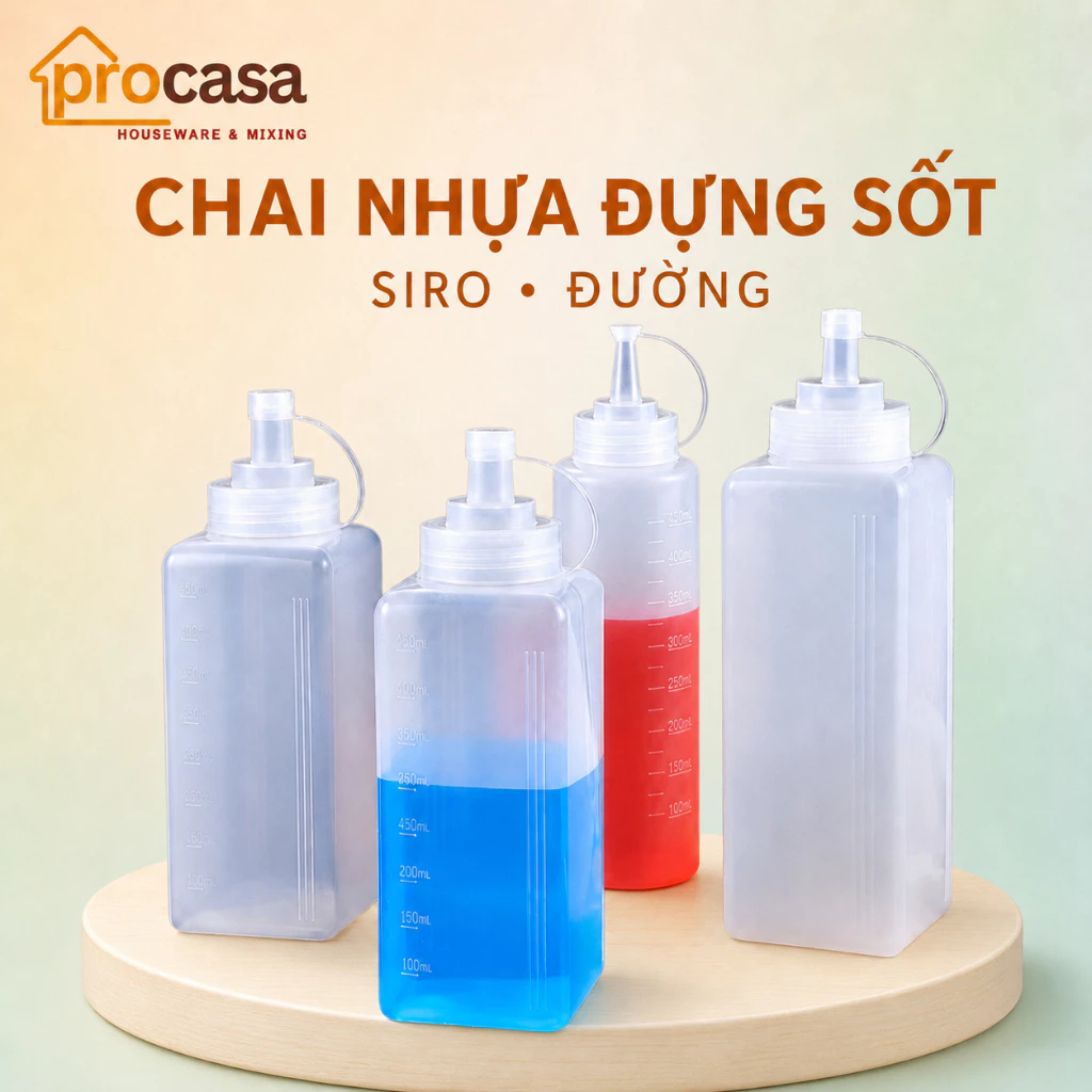 Bình Nhựa Đựng Tương, Sirup, Nước Sốt, Chai lọ đựng siro - Có Vạch Chia - tròn - vuông