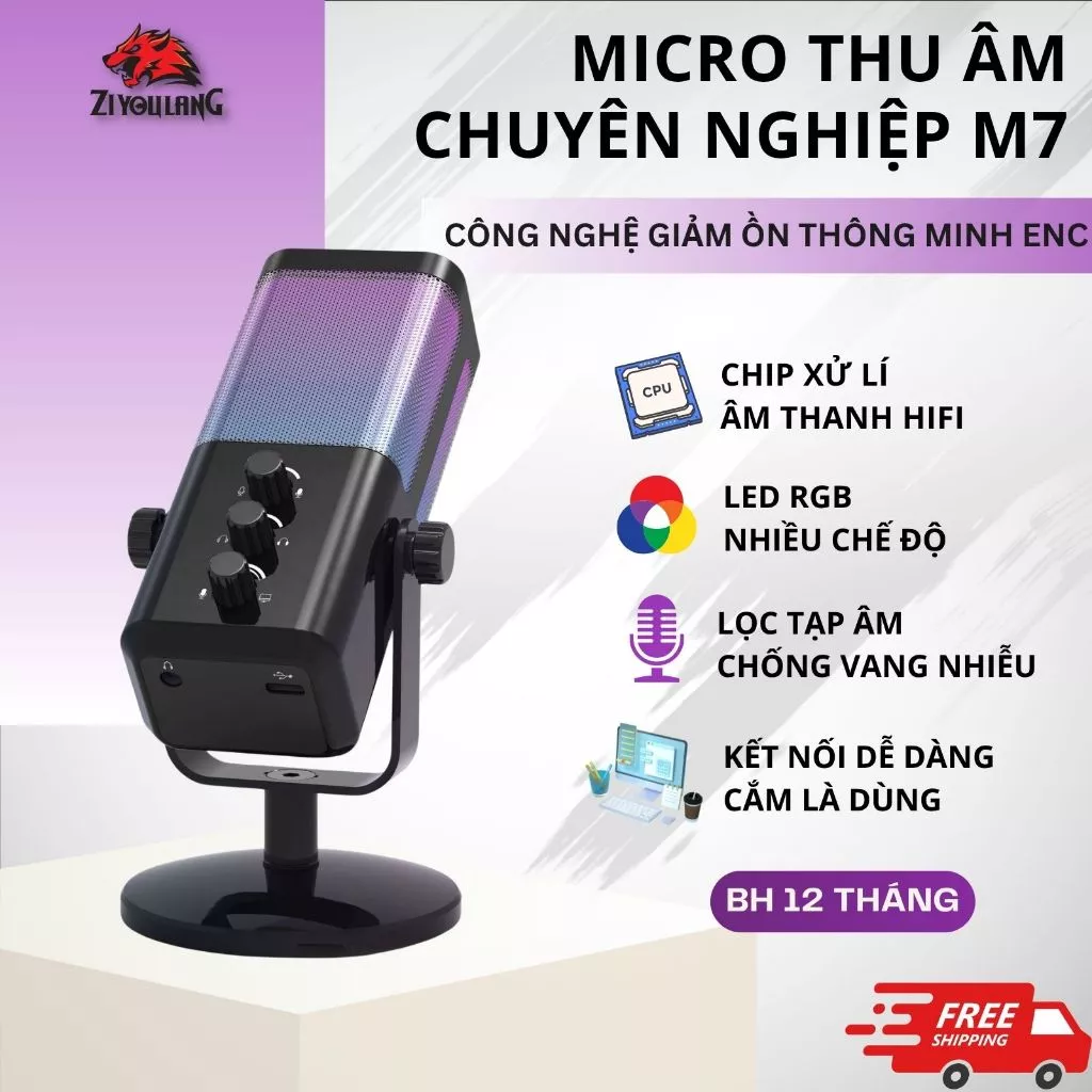 Micro Gaming USB M7 RGB - Mic Condenser Cardioid Thu Âm Chống Ồn, Type-C, Jack Monitor 3.5mm