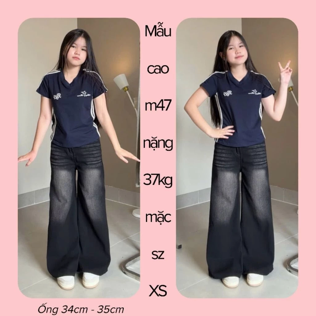 (SUÔNG ỐNG 34CM-35CM RỘNG NẤM) QUẦN JEANS NỮ ỐNG RỘNG 34CM -35CM MÀU ĐEN KHÓI PHỐI RIA MEO DÀNH CHO NẤM LÙN