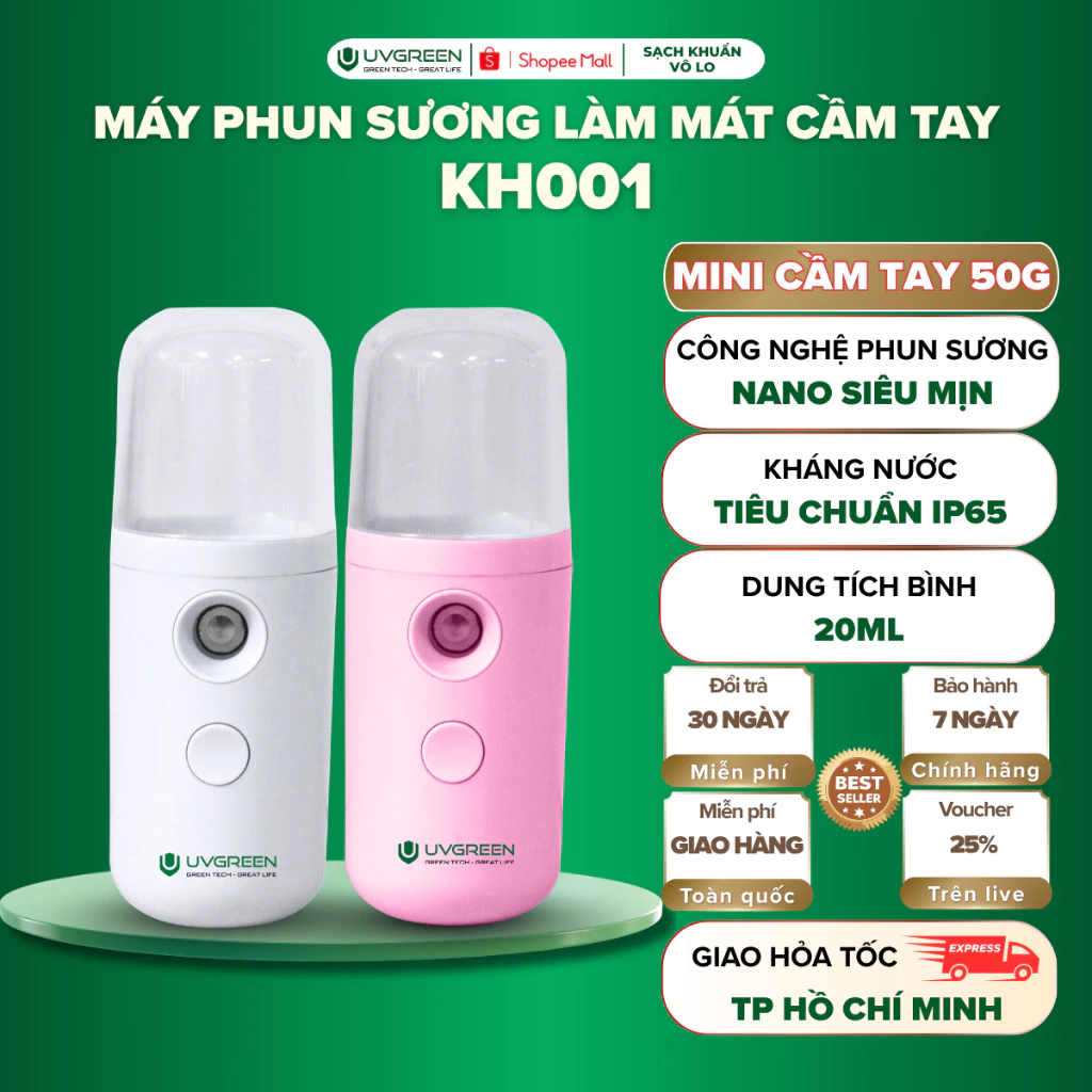 Máy Phun Sương Mini Cầm Tay UVGREEN KH001 50g, Công Nghệ Nano Siêu Mịn, Cấp Ẩm Da, Chống Nước IP65