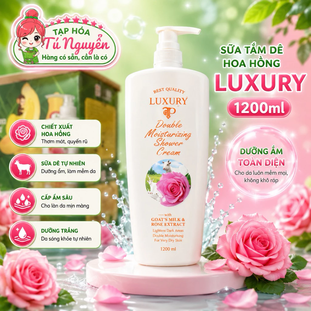 Sữa tắm dê luxury hoa hồng 1200ml chính hãng công ty thơm sạch da