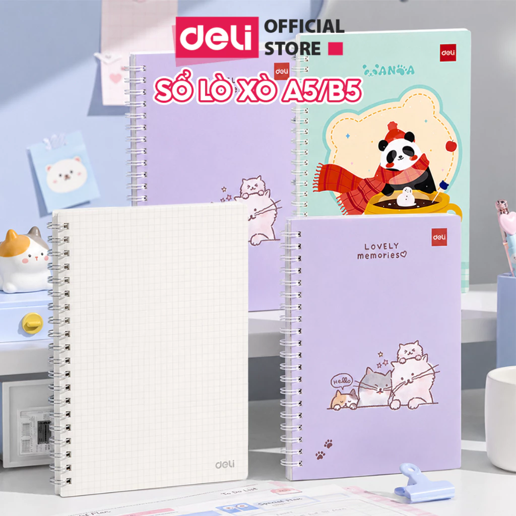 Sổ Lò Xo Kép Deli A5/B5 Kẻ Ngang & Caro 38-80 Tờ - Sổ Giấy Dày Mịn Chống Lóa Bìa Họa Tiết Cute