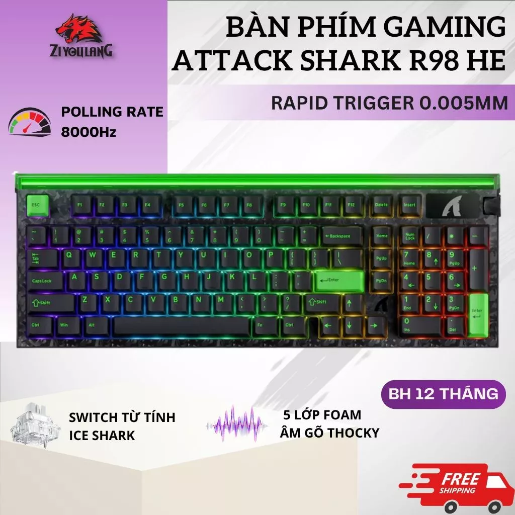 Bàn Phím Cơ Gaming Attack Shark R98 HE - Rapid Trigger 0.005mm, Polling Rate 8KHz, Hall Effect, RGB