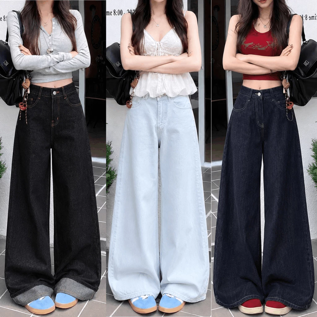 Quần Jean Nữ Xanh Trắng Dáng Suông Ống Rộng 33CM Lưng Cao Quần Jean Denim Unisex Ôm Eo Tôn Dáng MIAA