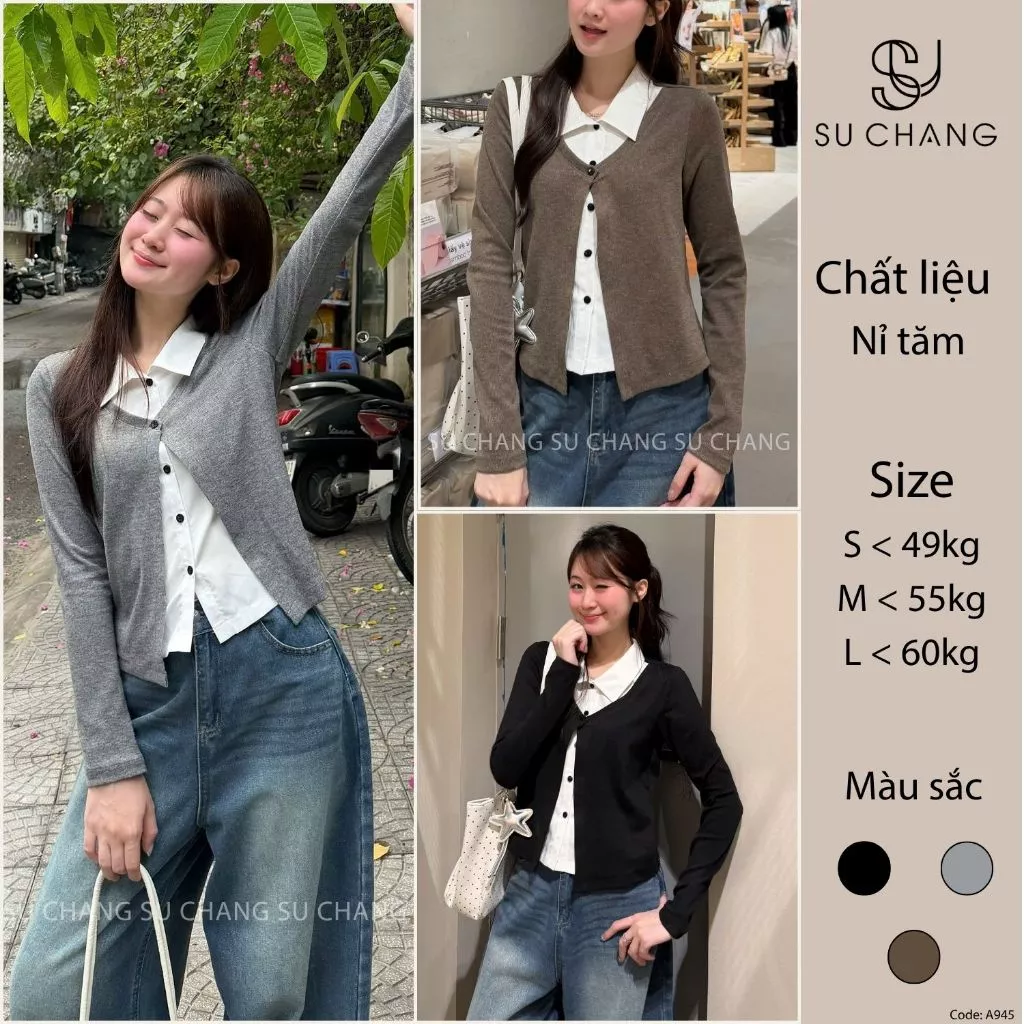 Áo Nỉ Tăm Dài Tay Phối Sơ Mi Cổ Bẻ Cúc Dọc A945 Su Chang Thời Trang Nữ