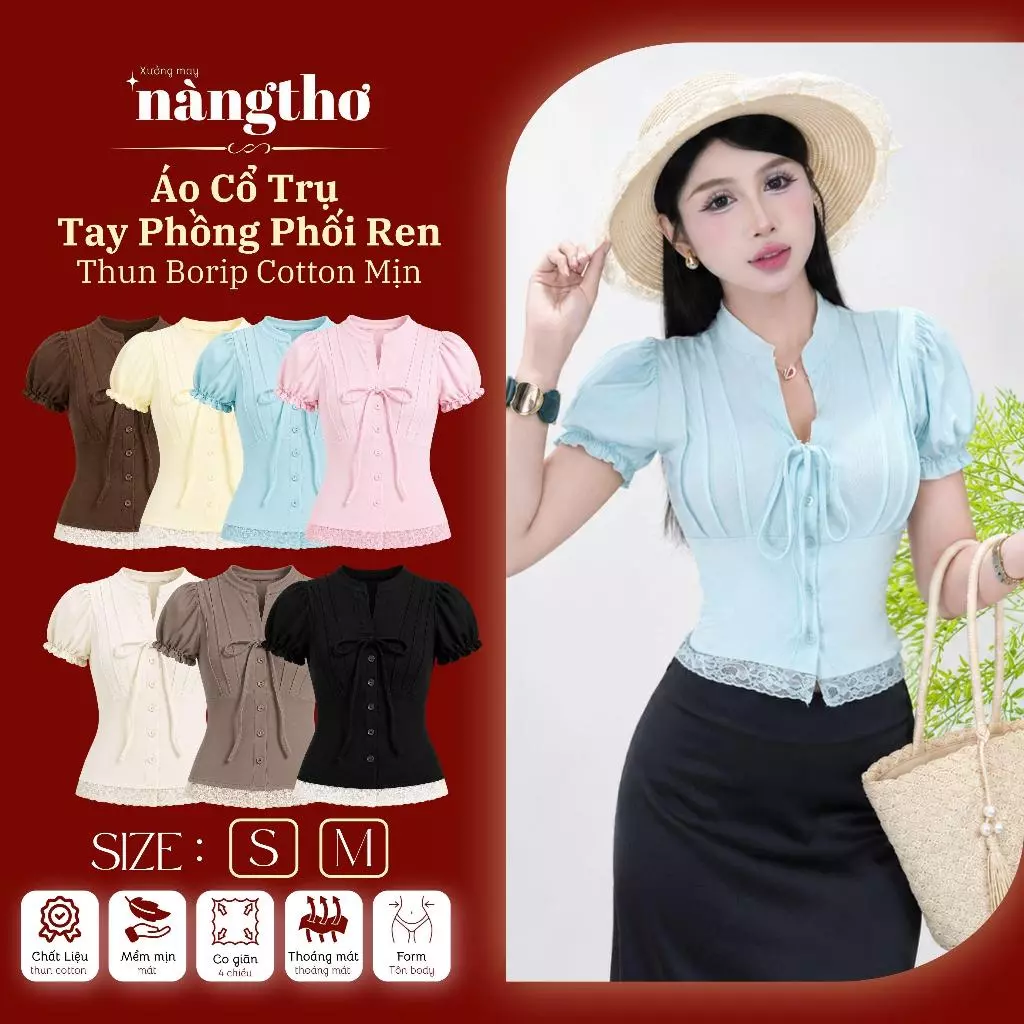 412[Hàng Mới Về] Áo THUN BORIP COTTON Cổ Trụ Tay Phồng Tiểu Thư Phối Ren Chiết Eo