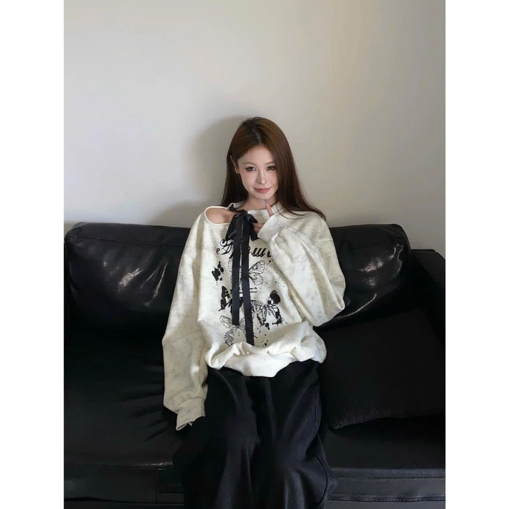 🤍 Áo Sweater Nữ In Họa Tiết Phối Nơ Cổ Trễ Vai Tay Dài Form Rộng Phong Cách Cá Tính