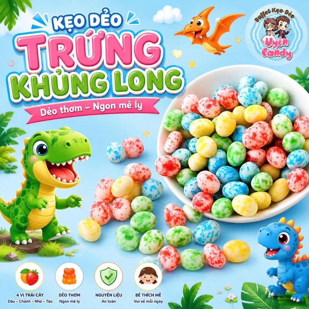 Kẹo Dẻo Trứng Khủng Long Mix 4 Vị – Vỏ Giòn, Nhân Dẻo, Thơm Đậm Vị Trái Cây