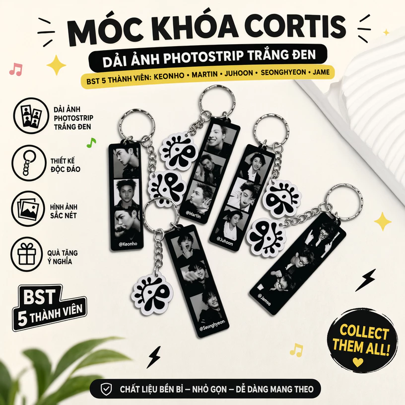 Móc Khóa Dải Ảnh Photostrip Trắng Đen 5 Thành Viên Keo Mar Juho Seong Jam Decor Balo Túi Xác