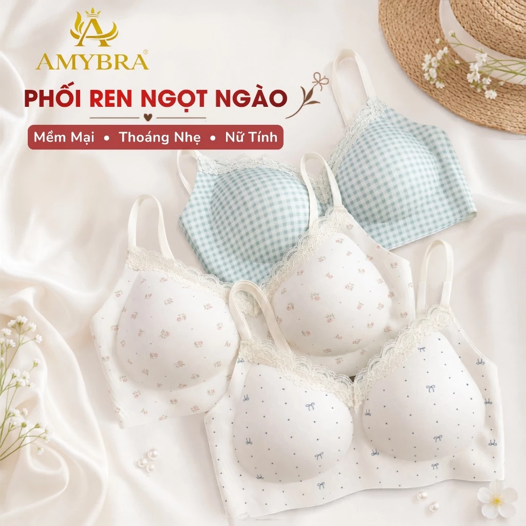 Áo Ngực Nữ Không Gọng Phối Viền Ren Gợi Cảm, Áo Lót Đúc Su Hoa Nhí Mềm Mại AMYBRA A1846 QT