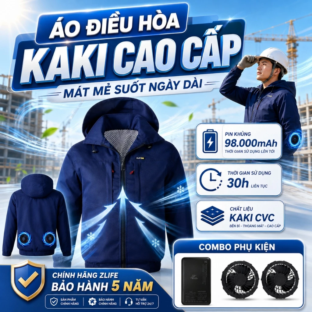 Áo Điều Hòa Kaki Cao Cấp Có Mũ Pin 98.000mAh Dùng Cả Ngày, Áo Chống Nắng 2 Quạt Chính Hãng ZLIFE