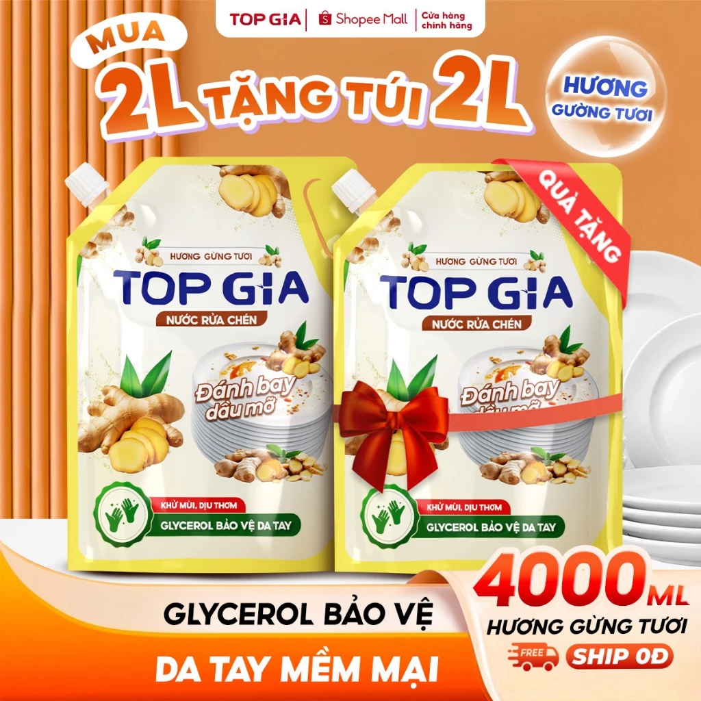 [MUA 2L TẶNG 2L] Nước Rửa Chén Bát TopGia Hương Gừng Thiên Nhiên Dịu Nhẹ, An Toàn Cho Da, Túi 2L