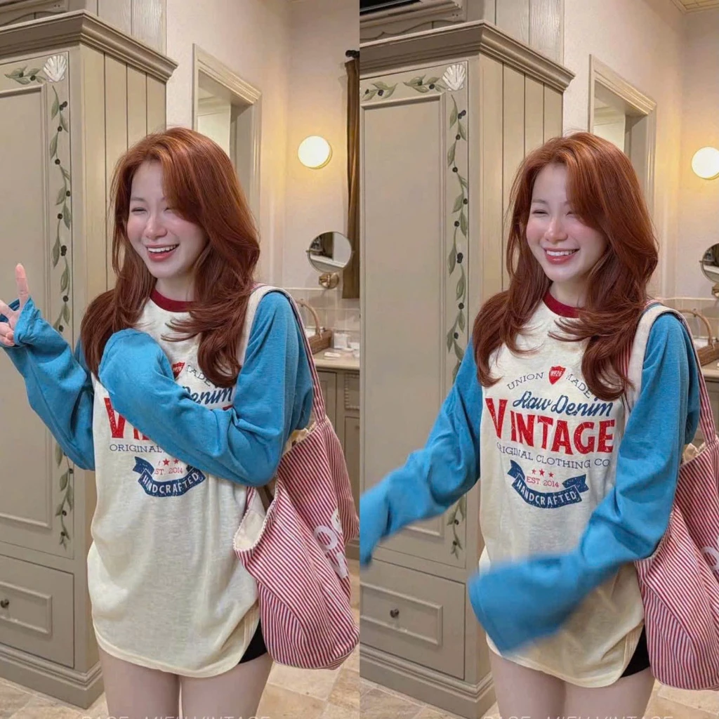 (Hàng Loại 1): Áo Thun Giấy Dài Tay Viền Cổ Đỏ In Chữ Vintage From Over Size Nổi Bật-Ảnh Thật Lollaye